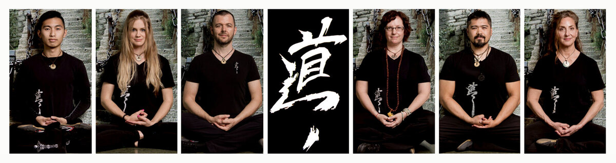 Business branding team headshots individual portraits of Zen Wellness instructors wearing black uniforms and sitting corss legged with hands in lap against mural of temple