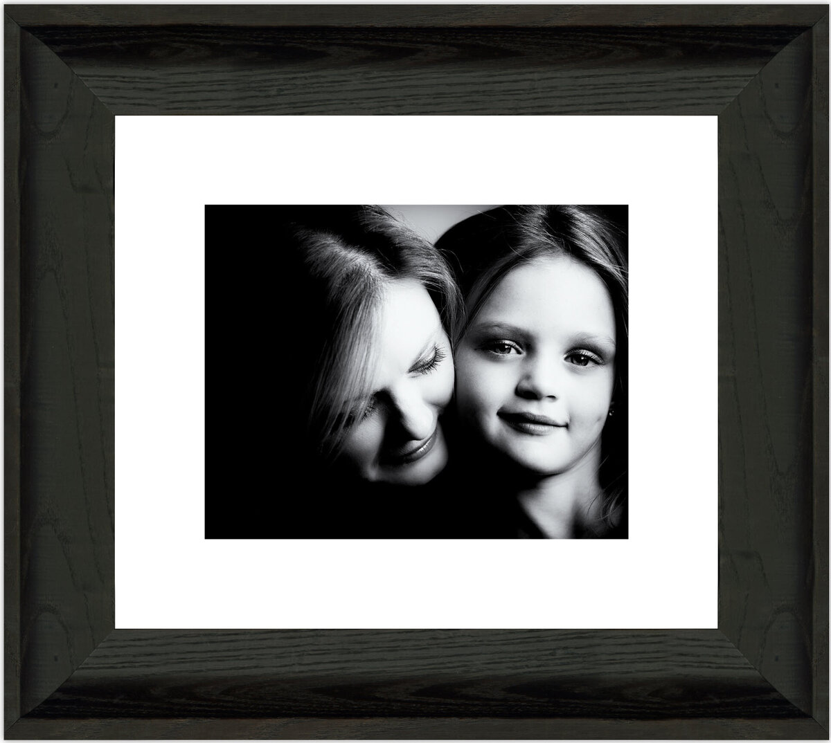 Mother & Child Black & White portrait, mounted in a Gallery Black frame with White Mat
