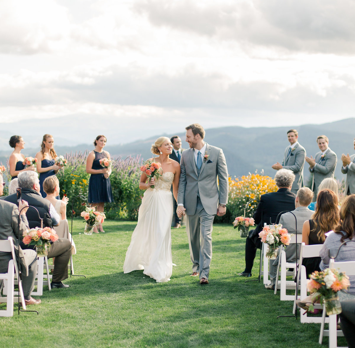columbia river gorge weddign couple walks down the aisle after wedding ceremony