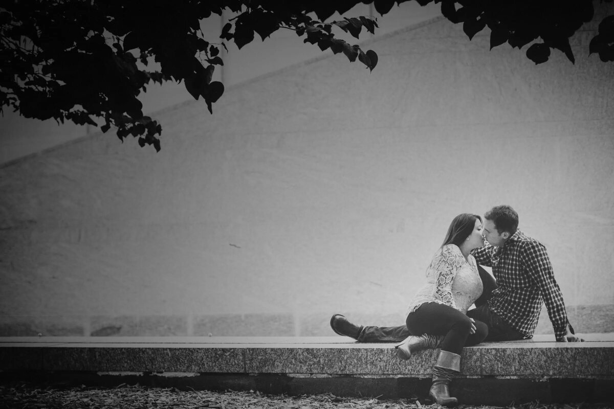 Black and white image of a couple kissing on a bench, framed by the overhanging branches of a tree