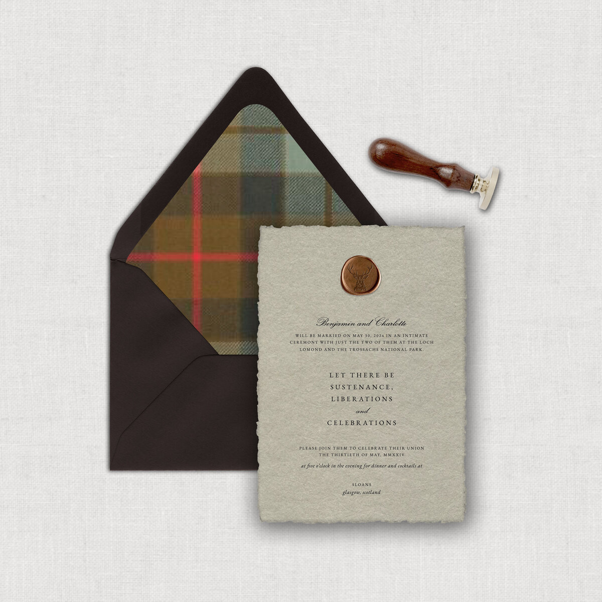 Letterpress Scotland Destination Wedding invitation suite with copper wax seal on textured thick handmade paper with chocolate brown mailing envelope with plaid tartan envelope liner.