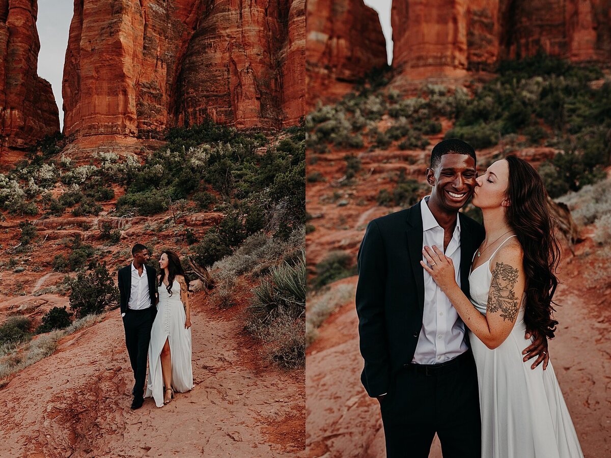 Bride and Groom walk on a hiking trail at Cathedral Rock with her dress flowing in the wind