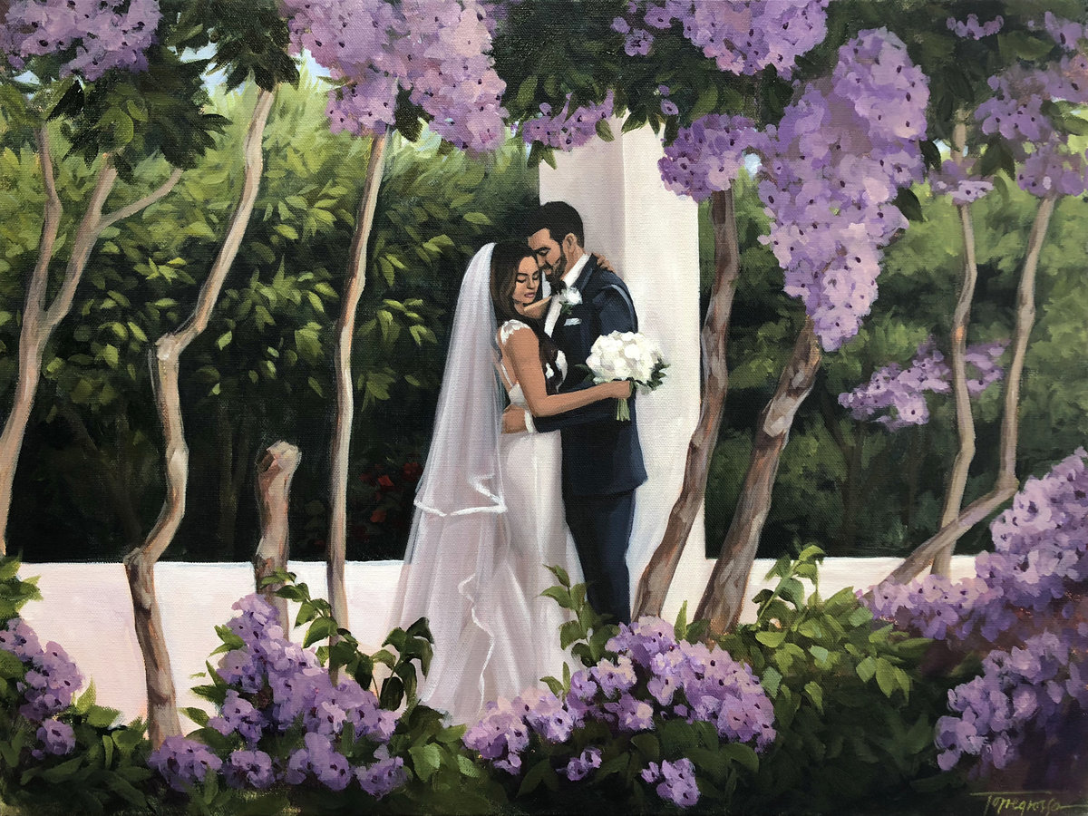 bride and groom under purple flowers, Wedding Portrait Paintings From Photos