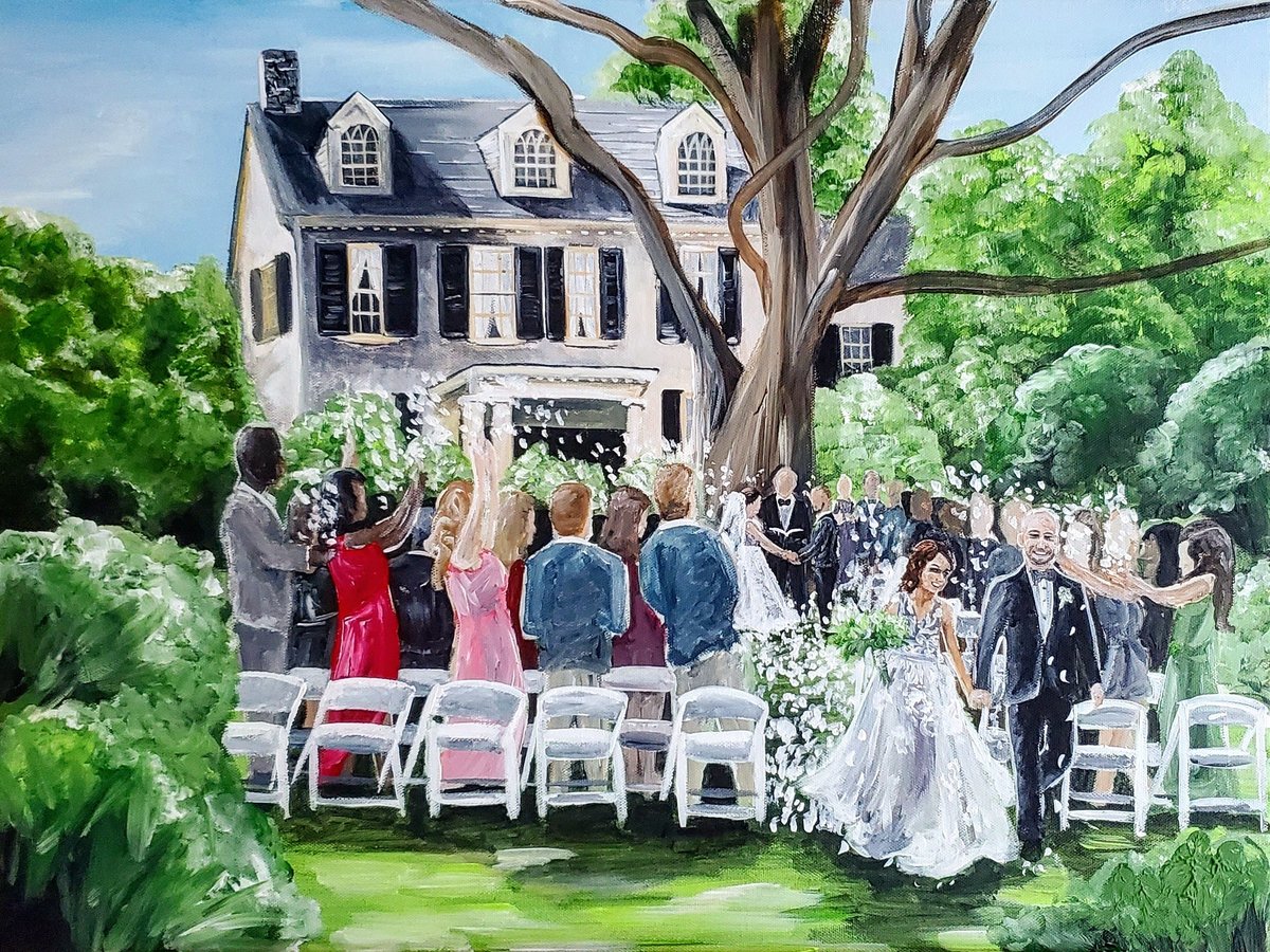 Wedding ceremony live wedding painting in front of historic estate