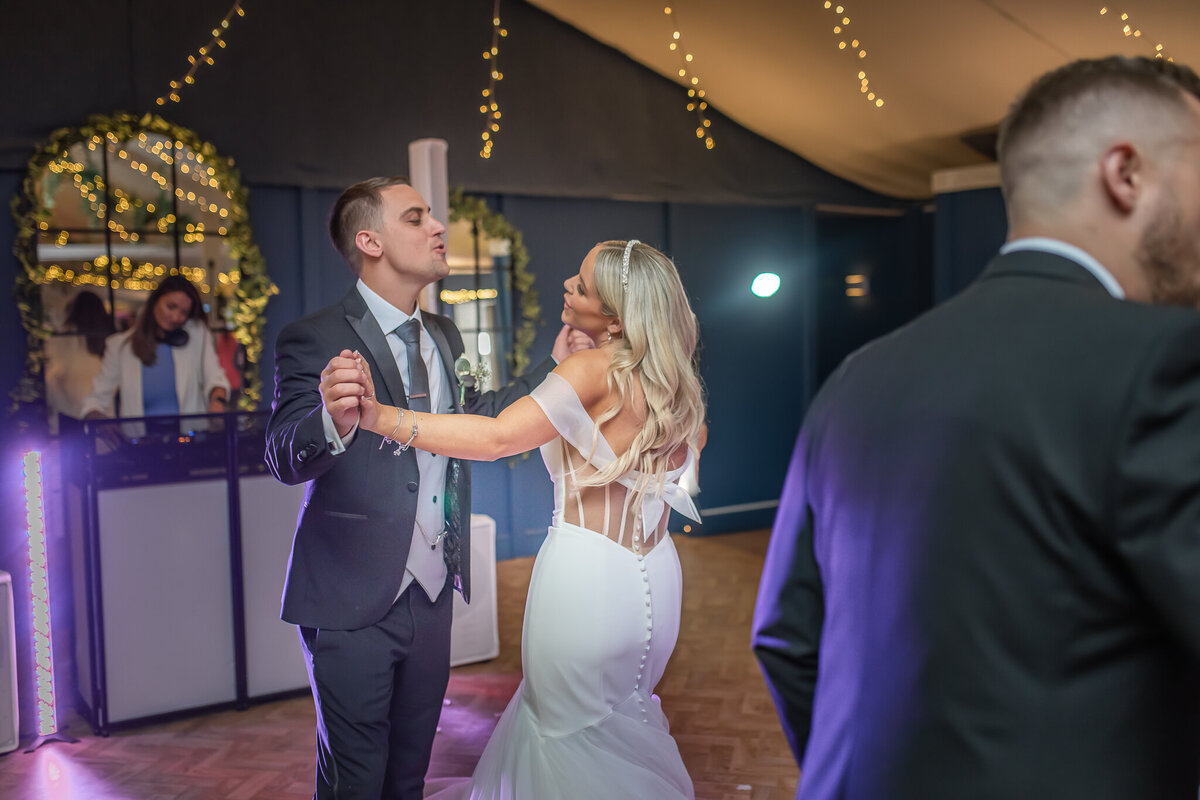 Bride and groom dancing on the dancefloor at Combermere Abbey