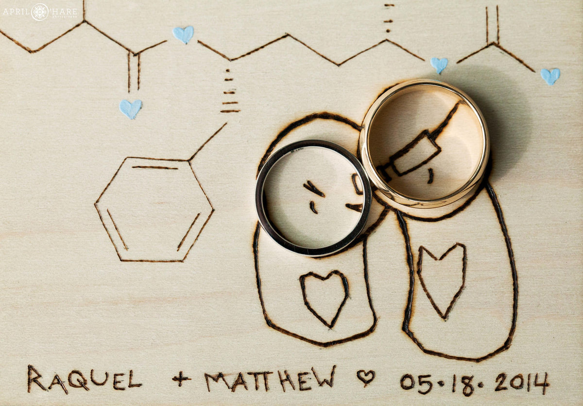 Chemistry Themed Denver CO Wedding with custom etched wood and wedding bands