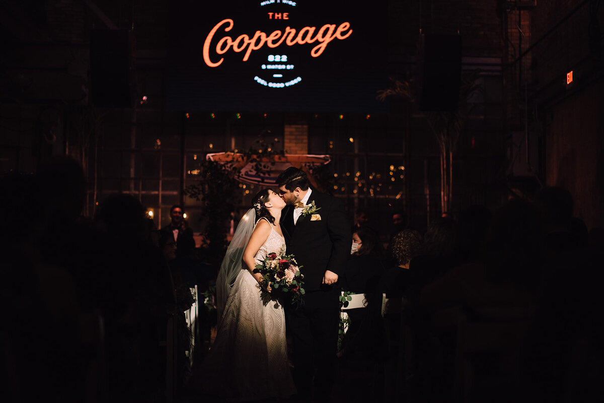 First kiss during The Cooperage Wedding