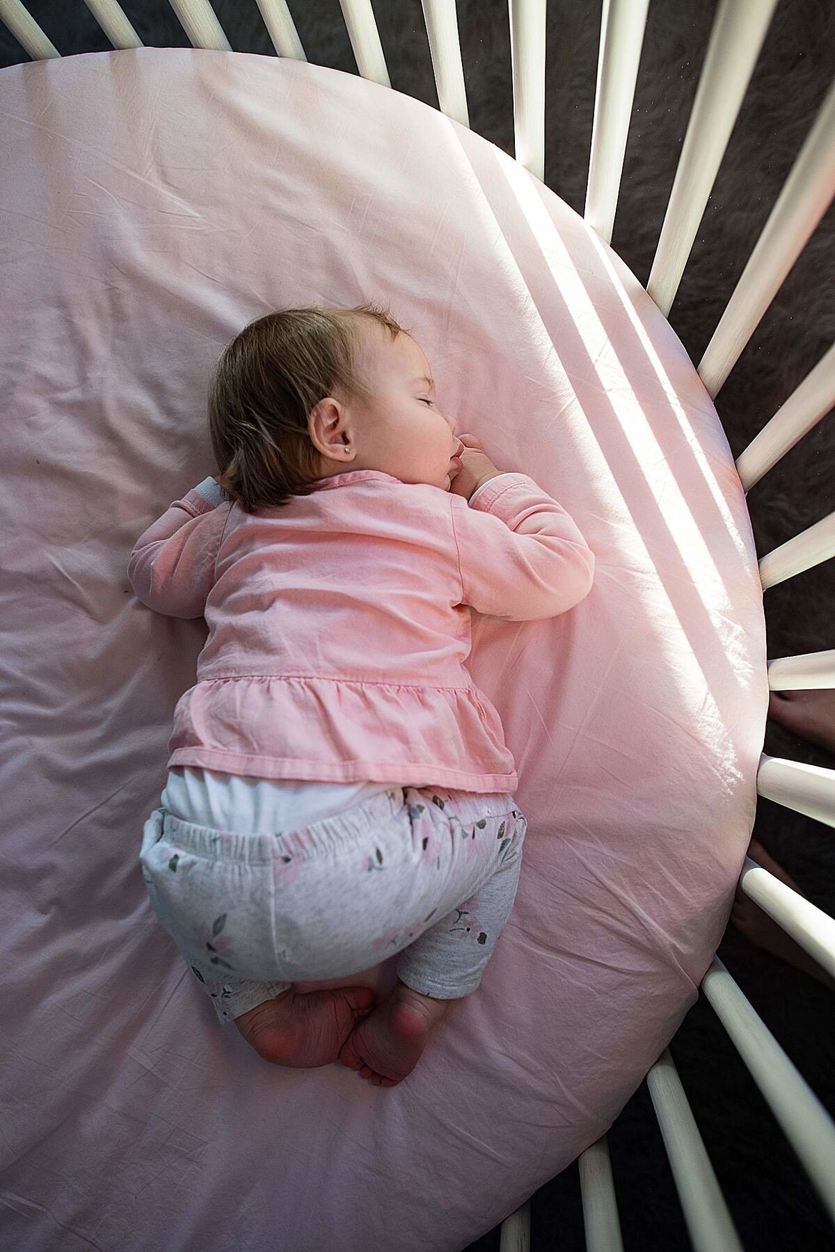baby sleeping on belly in round crib with pink tones