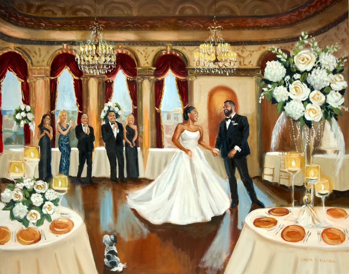 wedding painting of bride and groom dancing in maroon and gold ballroom The Graduate Hotel
