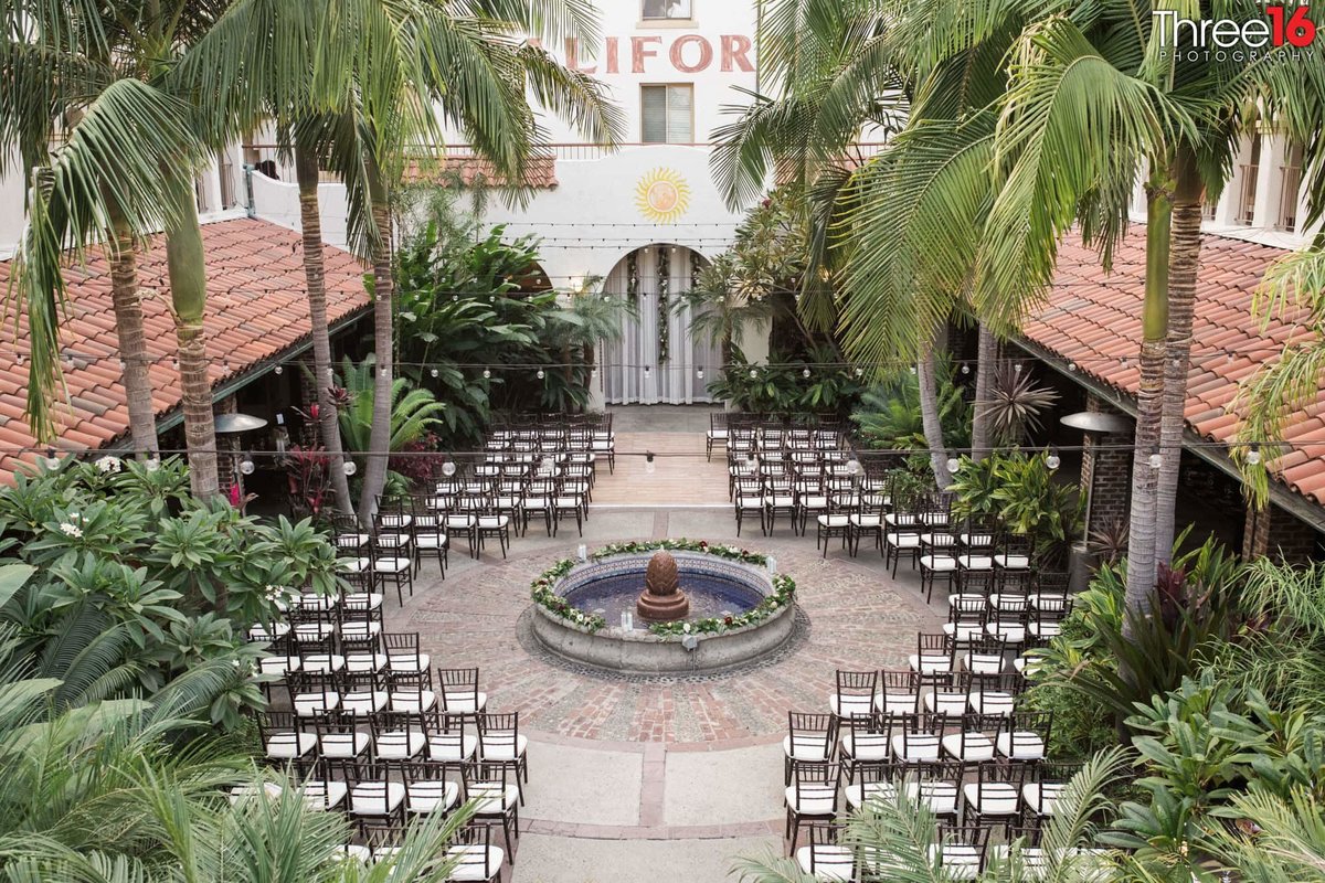 Aerial view of the Villa del Sol courtyard with a wedding ceremony setup in place
