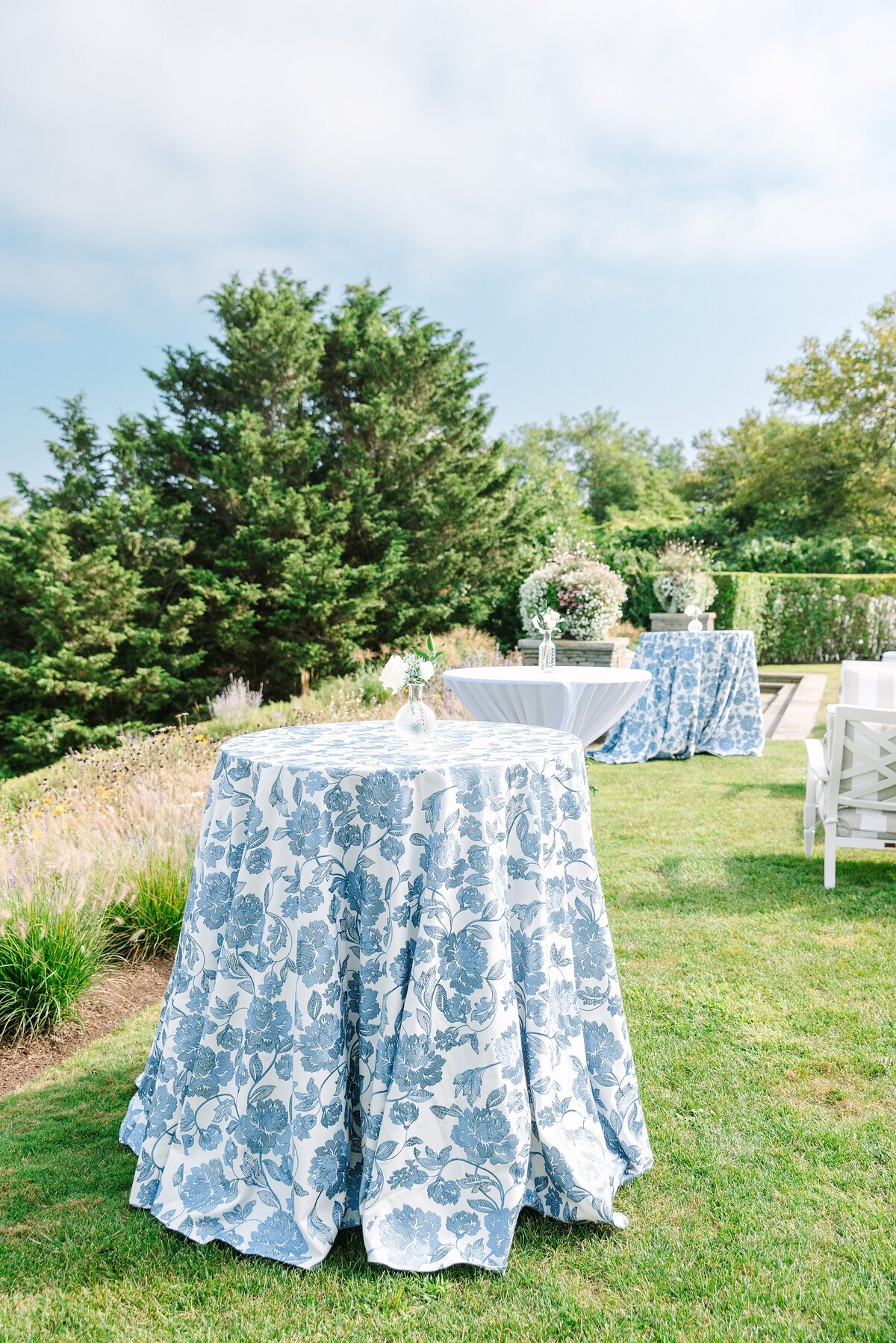 cocktail tables with blue floral pattern