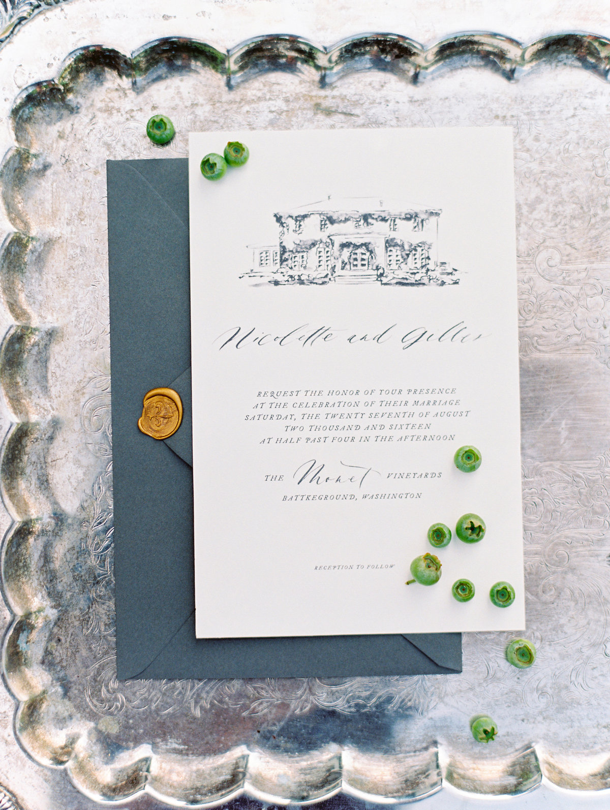 wedding invitation with custom calligraphy by rachel jacobson