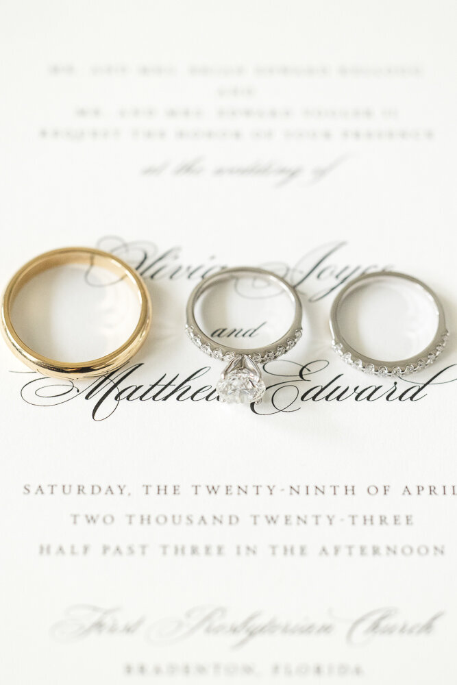 wedding rings laying on a wedding invitation