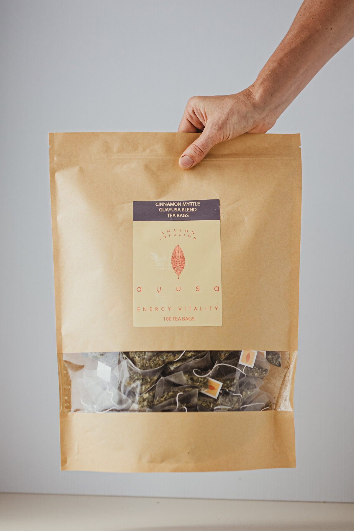 Studio photoshoot featuring a large pack of tea bags
