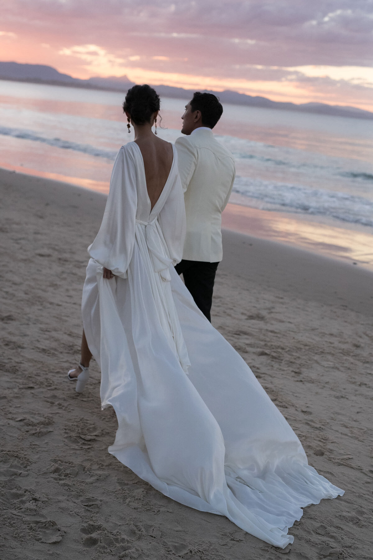 Beach wedding dress in long silk, low v back