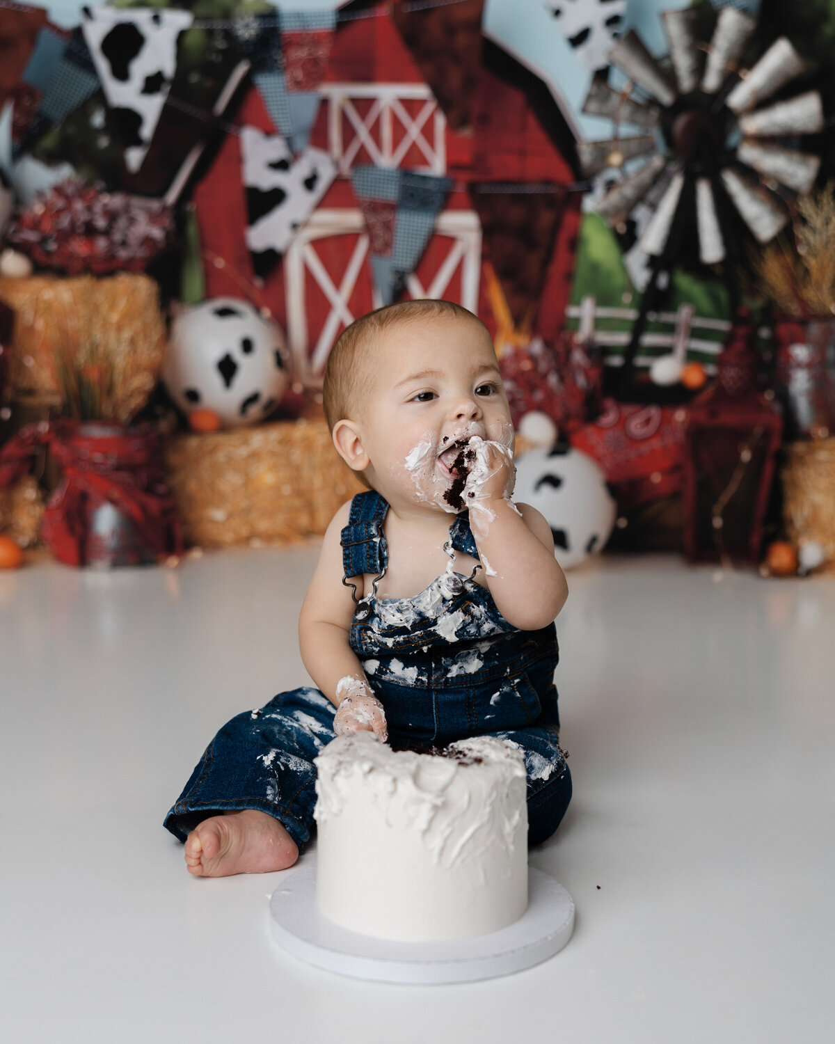 Joyful first birthday moment as baby boy claps frosting-covered hands during his barnyard cake smash.
Photograph by Yucaipa cake smash photographer Kaitlyn Dawn Photography.