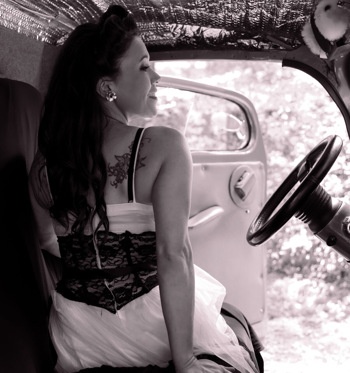 goddess studio boudoir woman in old ford pickup pinup special white dress