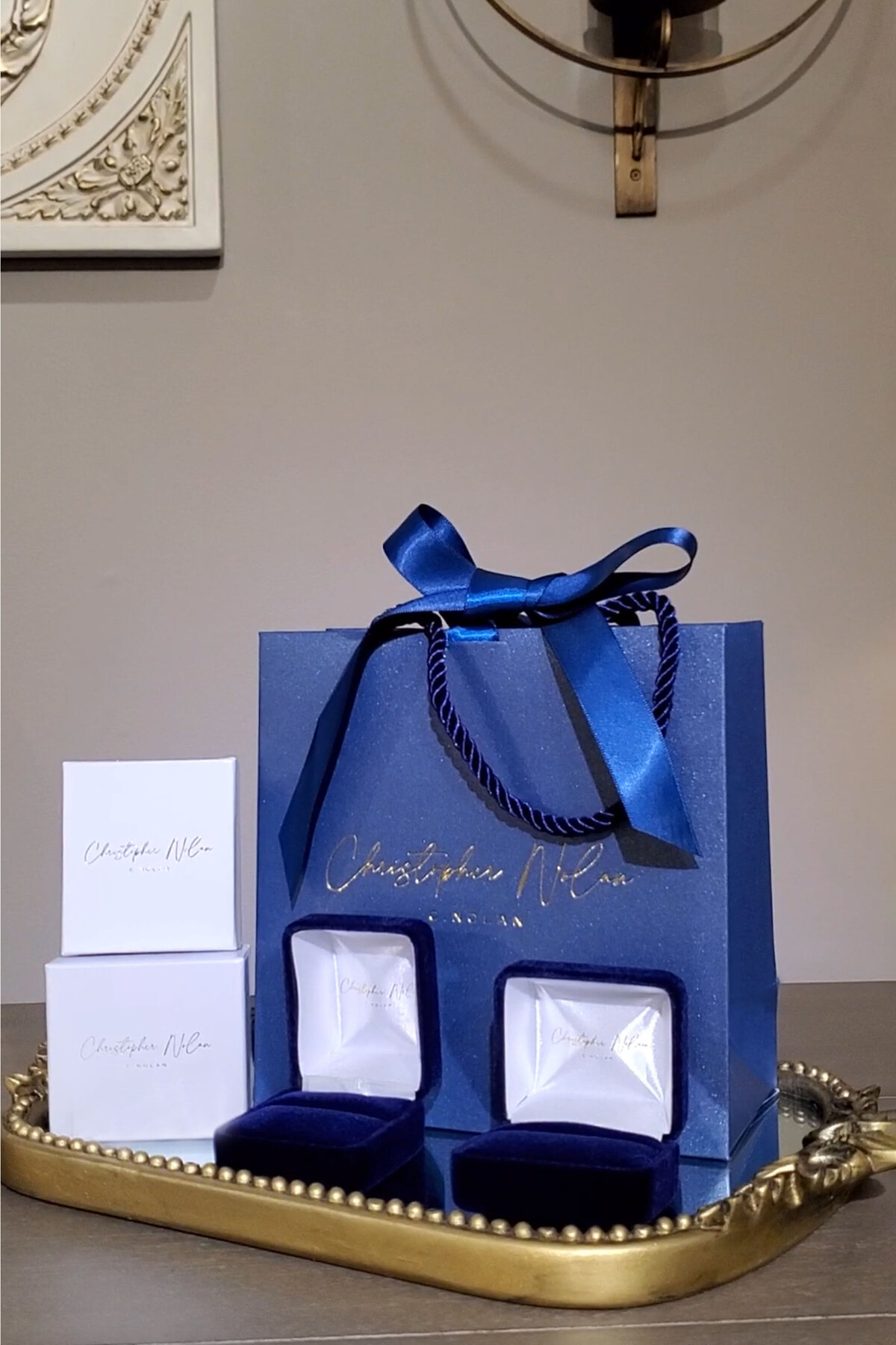 Blue velvet ring boxes lined with silk
