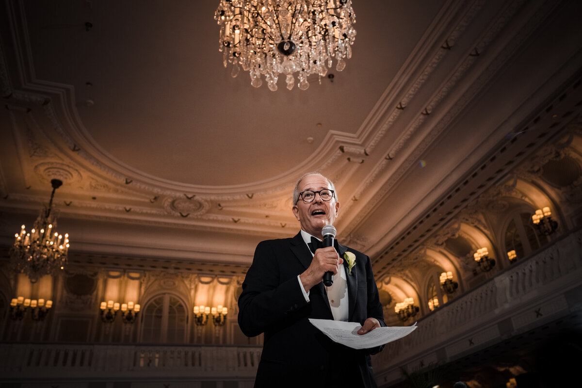 Father of the groom gives his speech at the Blackstone Hotel in Chicago, Illinois