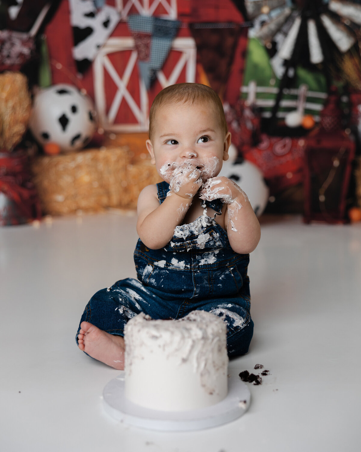 Messy cake smash fun with a baby boy in overalls, grinning with barnyard decor in the background. Photograph by Yucaipa cake smash photographer Kaitlyn Dawn Photography.