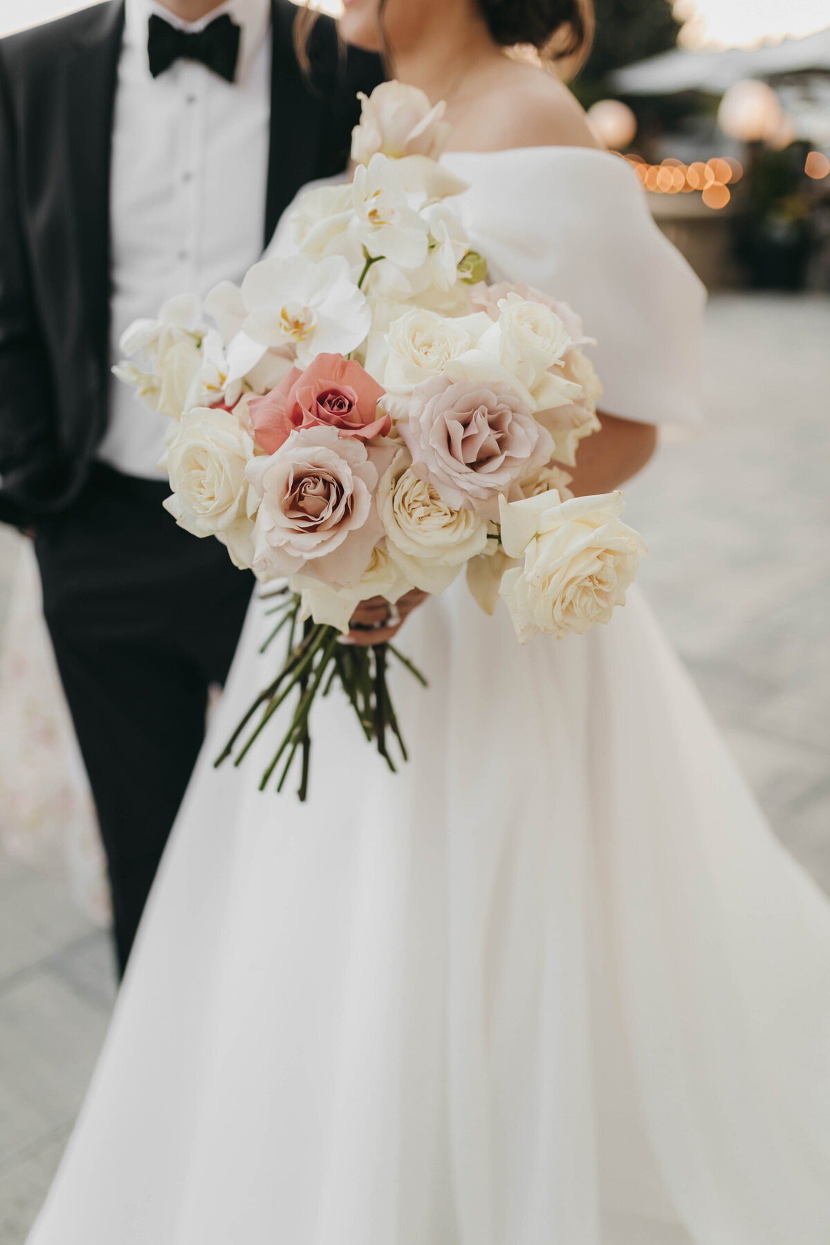 A close up photo of the bride's floral arrangement.