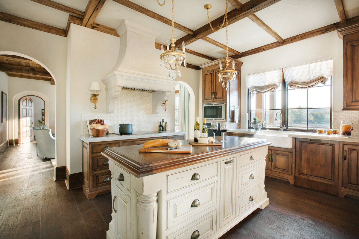 Panageries Residential Interior Design | Italian Country Villa Kitchen with White Island and Wood Counter Top