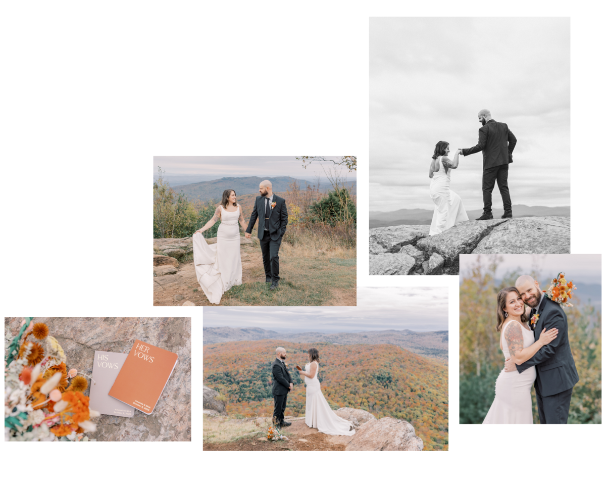 Series of images of a bride and groom on their wedding day in the Adirondack mountains. Their intimate ceremony took place on the peak of a mountain during the fall season un Upstate New York.