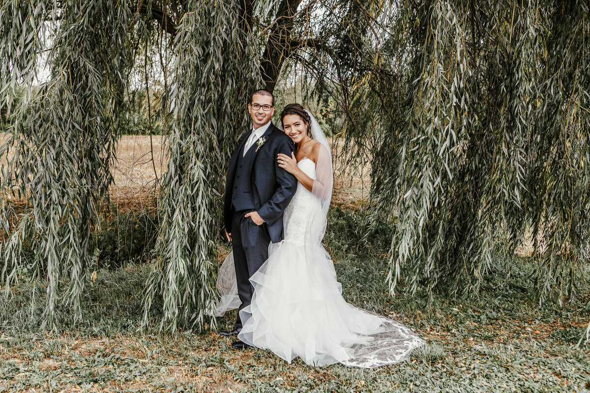 Bride and Groom embracing in front of willow tree in Buffalo, New York