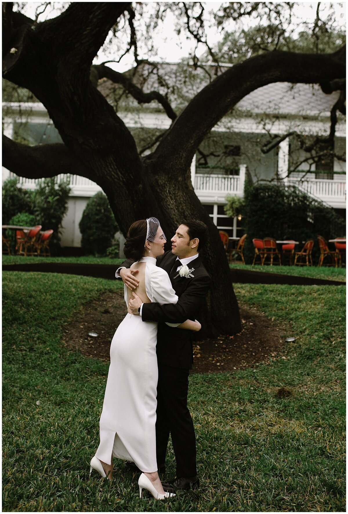 Bride and groom just married at elopement wedding at Saint Cecilia Austin