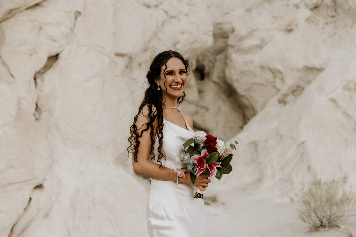 portrait of a bride standing in front of a massive white rock in New Mexico