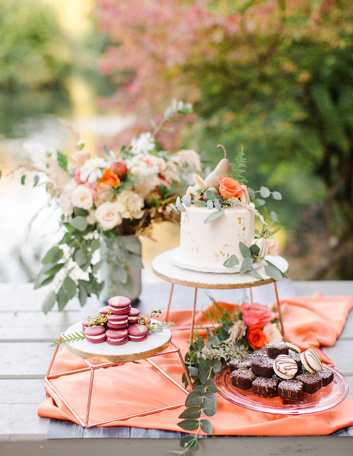 Fall wedding dessert table macarons, cake and brownies