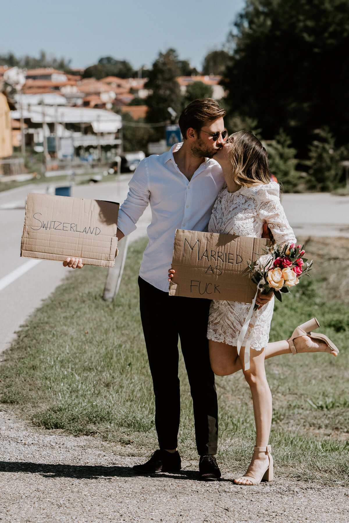 Couple eloping in Grindelwald in the Swiss Alps hitchhiking
