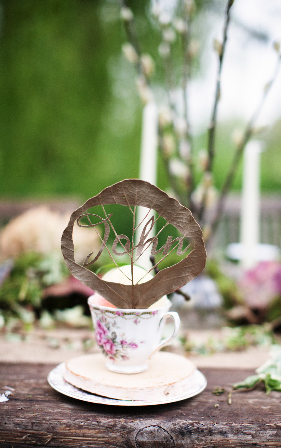 handcarved leaf in a teacup