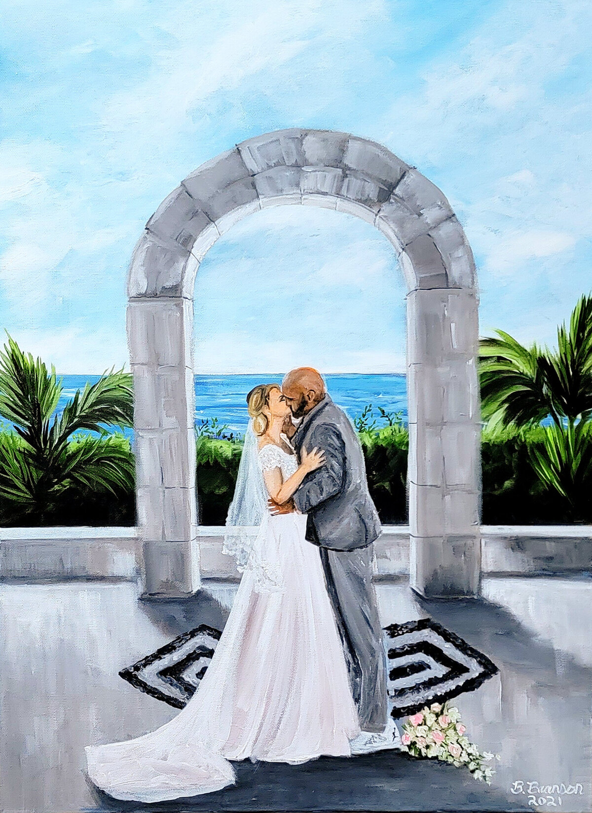 Live wedding painting of a bride and groom sharing their first kiss at a beachfront resort in Cancun, Mexico