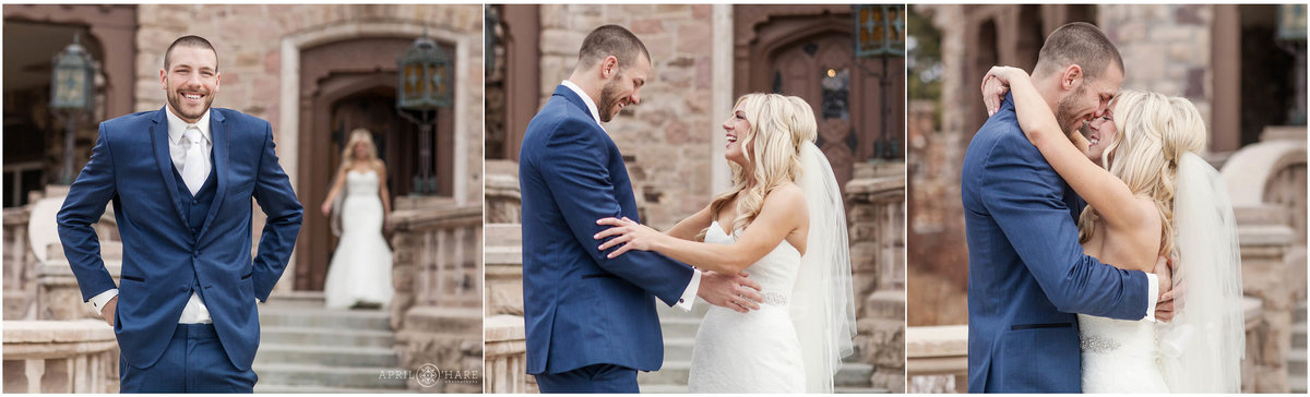 Groom in a blue suit sees bride for the first time during their first look at Highlands Ranch Mansion