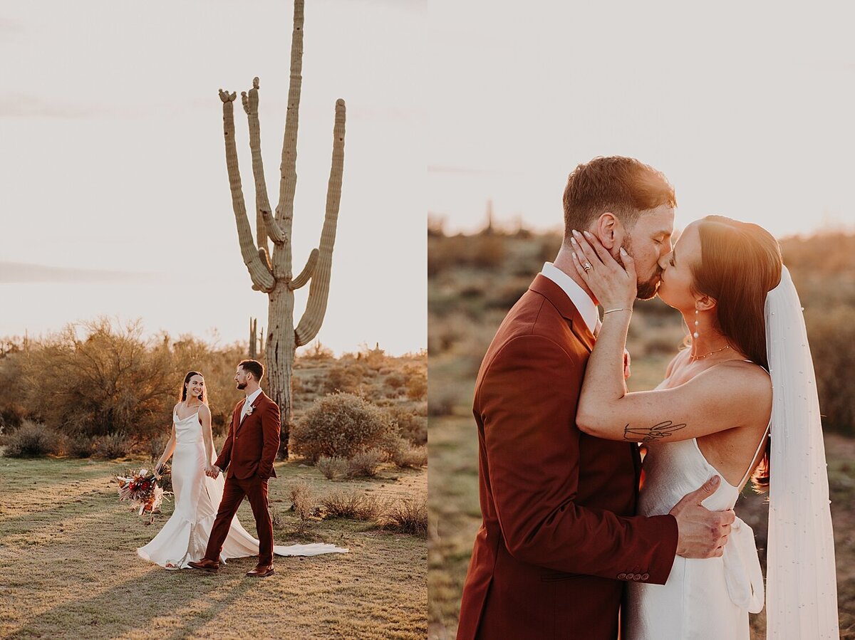 bride and groom walk and kiss in the desert at sunset