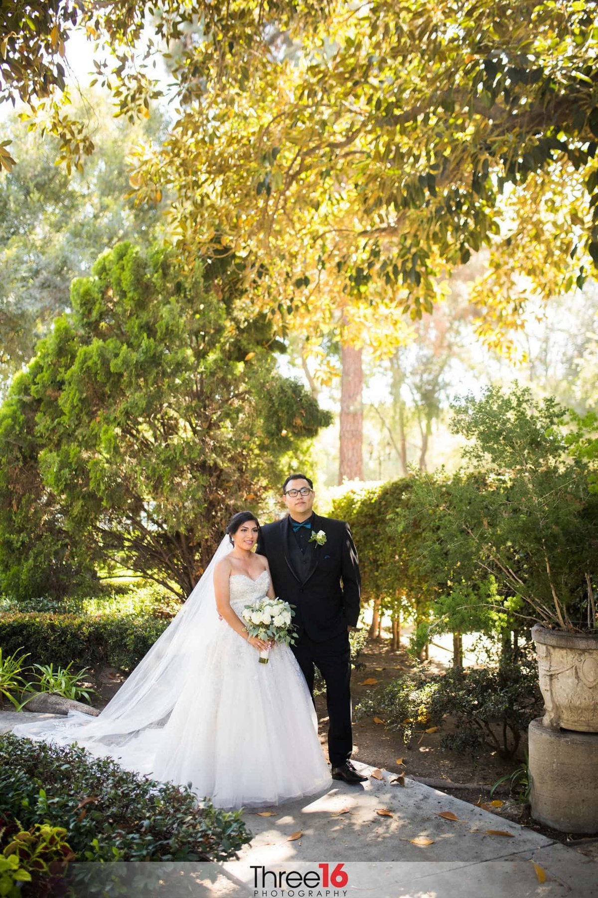 Bride and Groom pose together on a sidewalk surrounded by shrubs