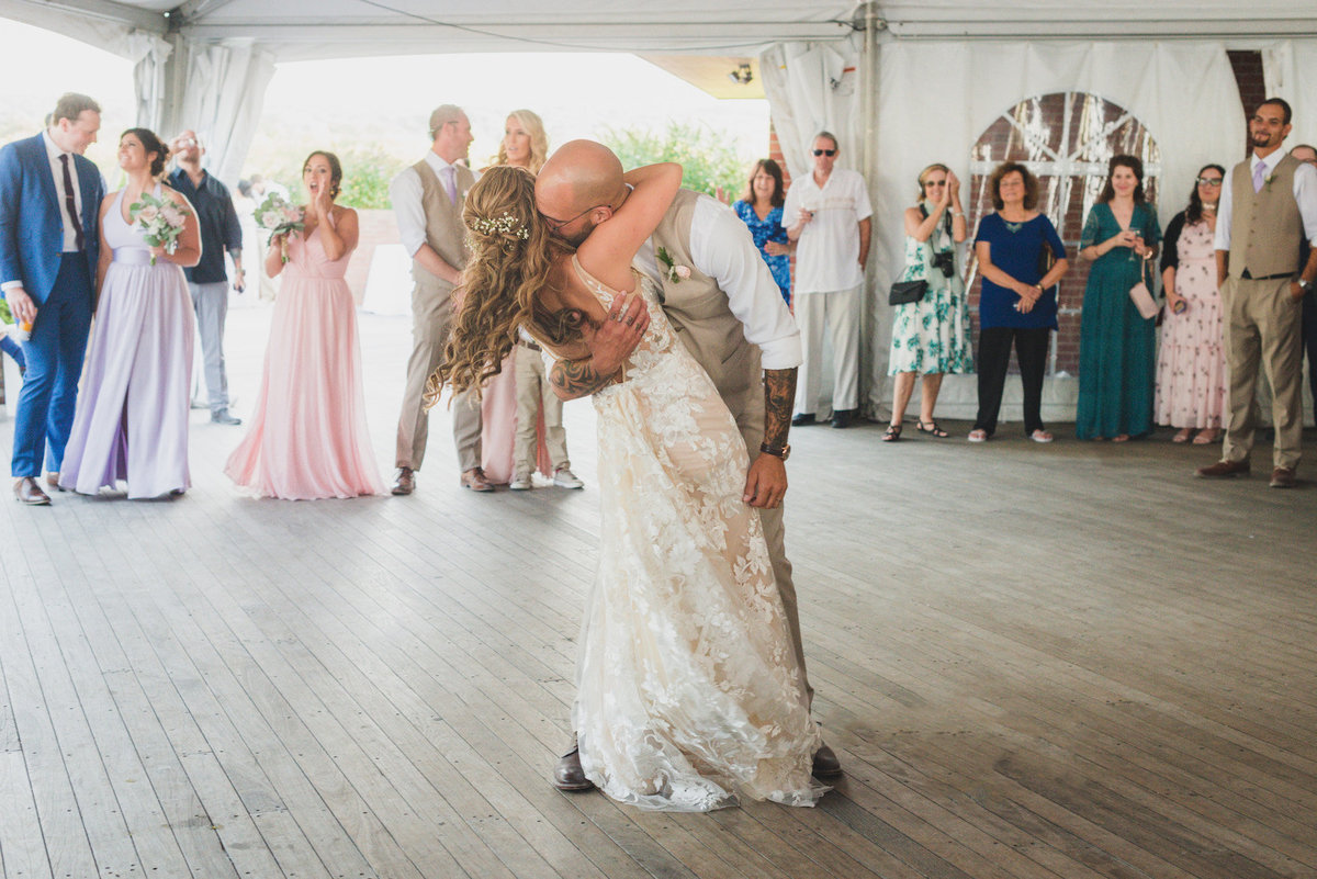 photo of bride and groom during first dance from wedding reception at Pavilion at Sunken Meadow