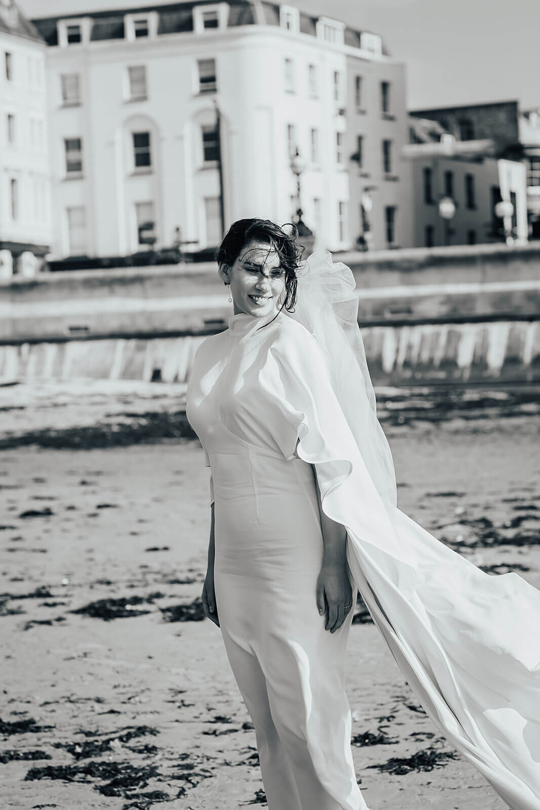 Bride on margate beach shot by elopement photographer Peach Portman