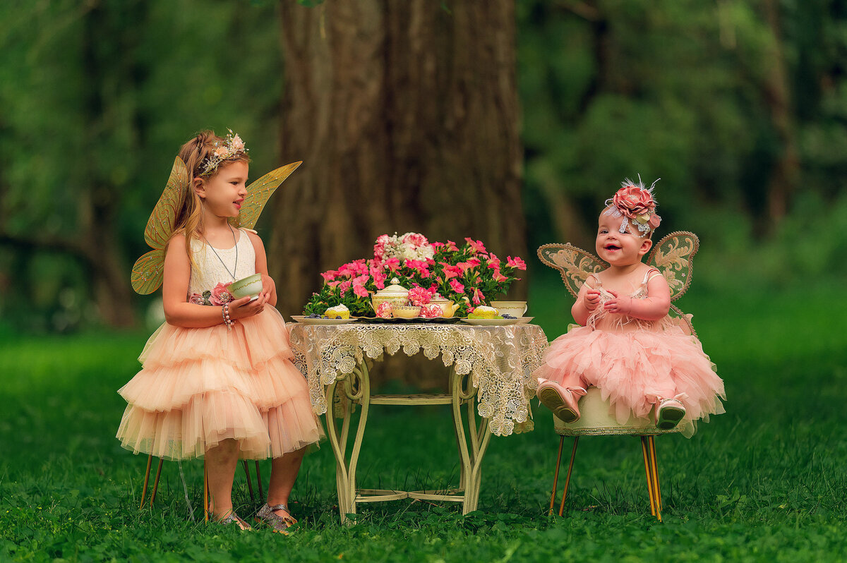 Two sisters dressed as fairies are photographed having a tea party in an ethereal forest setting in Waukesha.