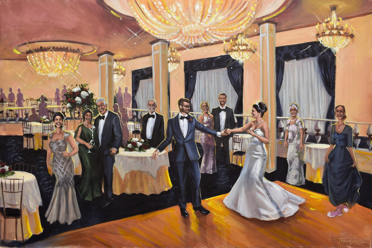 live wedding painting of reception at The Blue Room, The Roosevelt