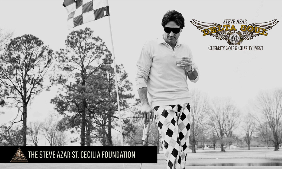 Steve Azar Celebrity Golf Tournament promotional poster black and white image artist on golf course holding whiskey glass wearing sunglasses looking down at upright golf club he holds Delta Soul logo in corner