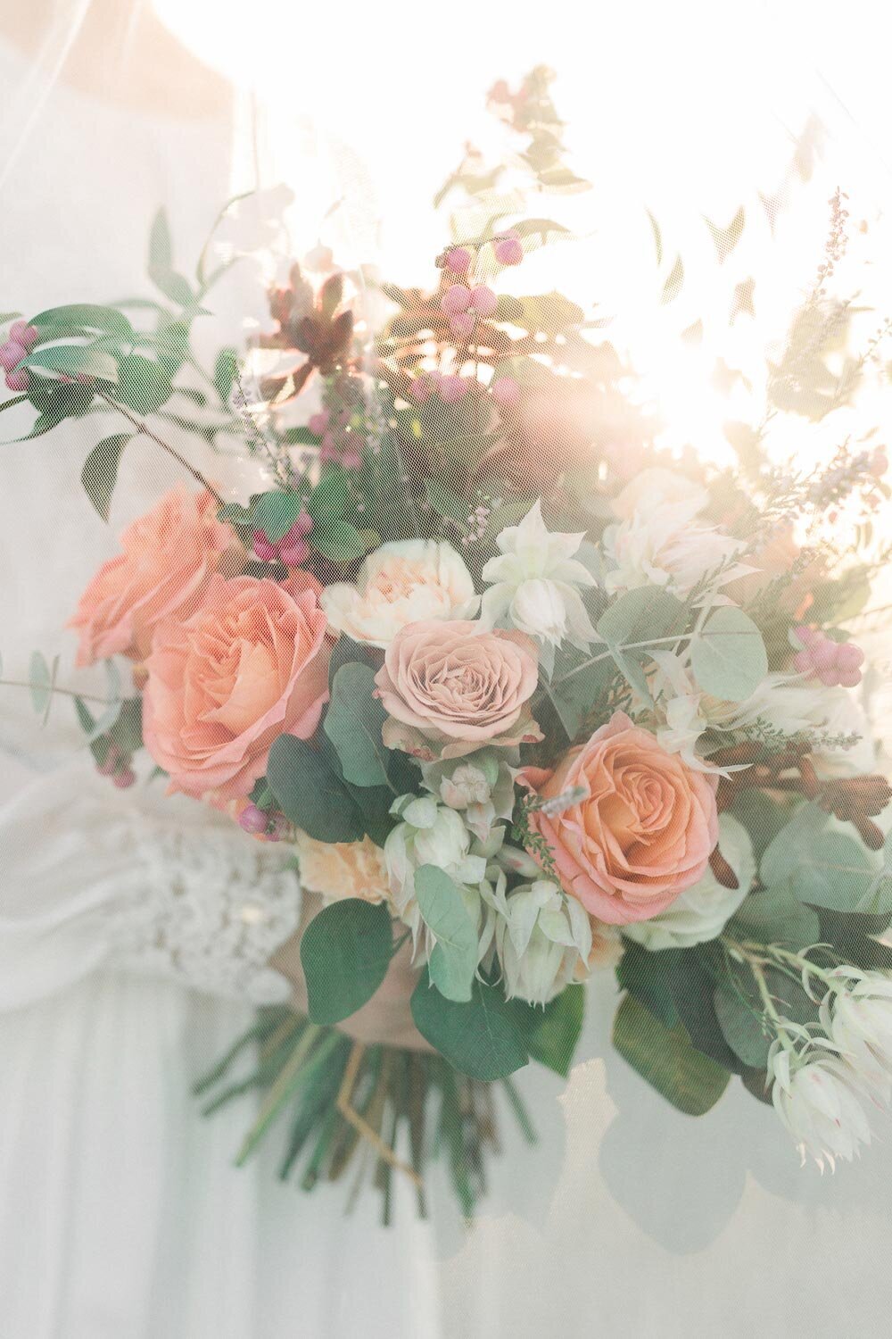 wedding bouquet with sunset