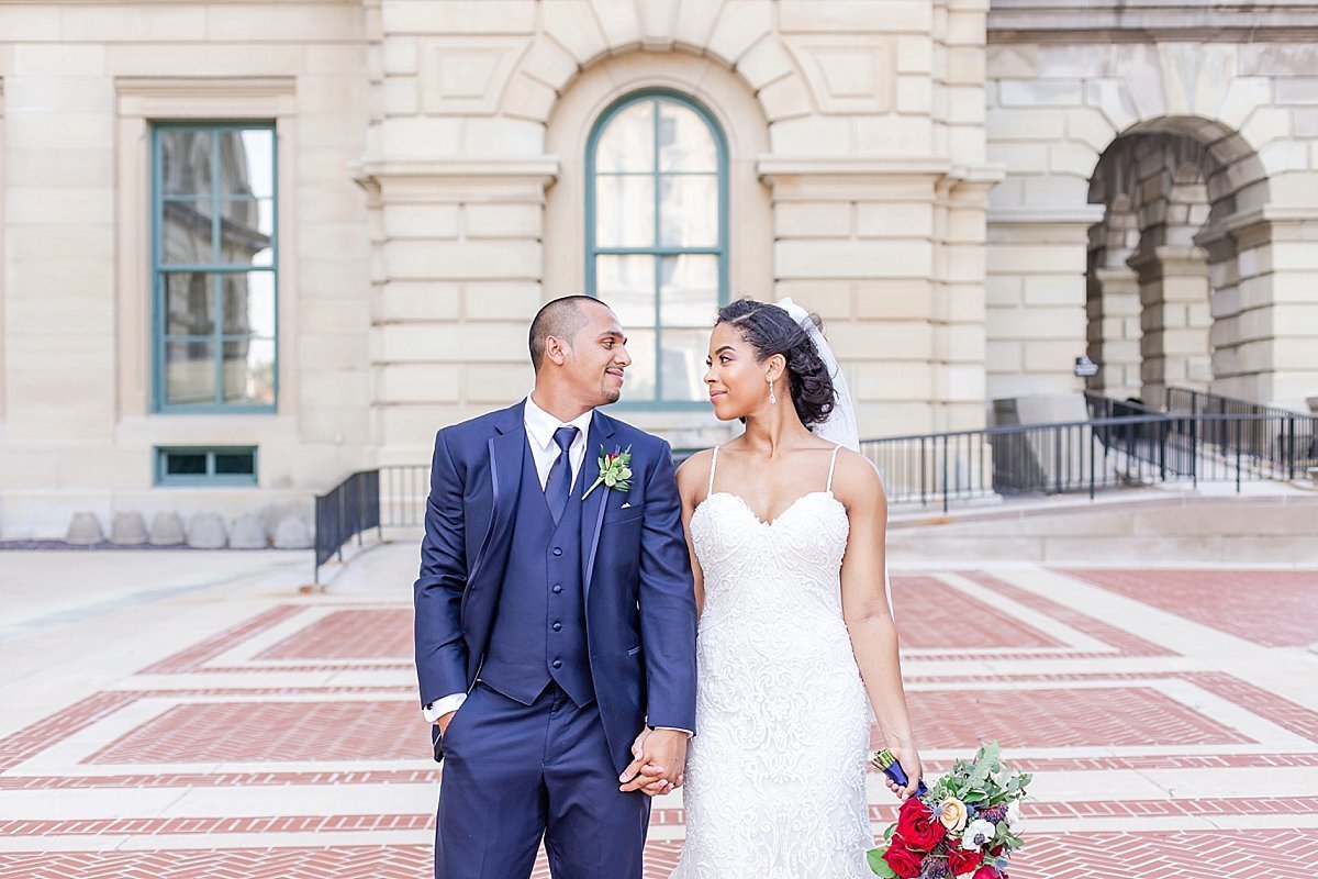 Classy bride and groom in downtown Springfield, Illinois