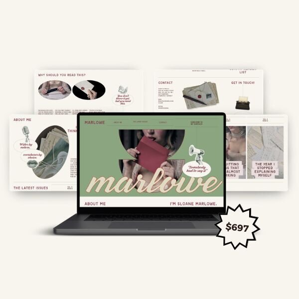 Marlowe Website Template Digital Product by service provider Digital product mockup: Marlowe brand and business toolkit displayed on laptop and tablet, priced at $697