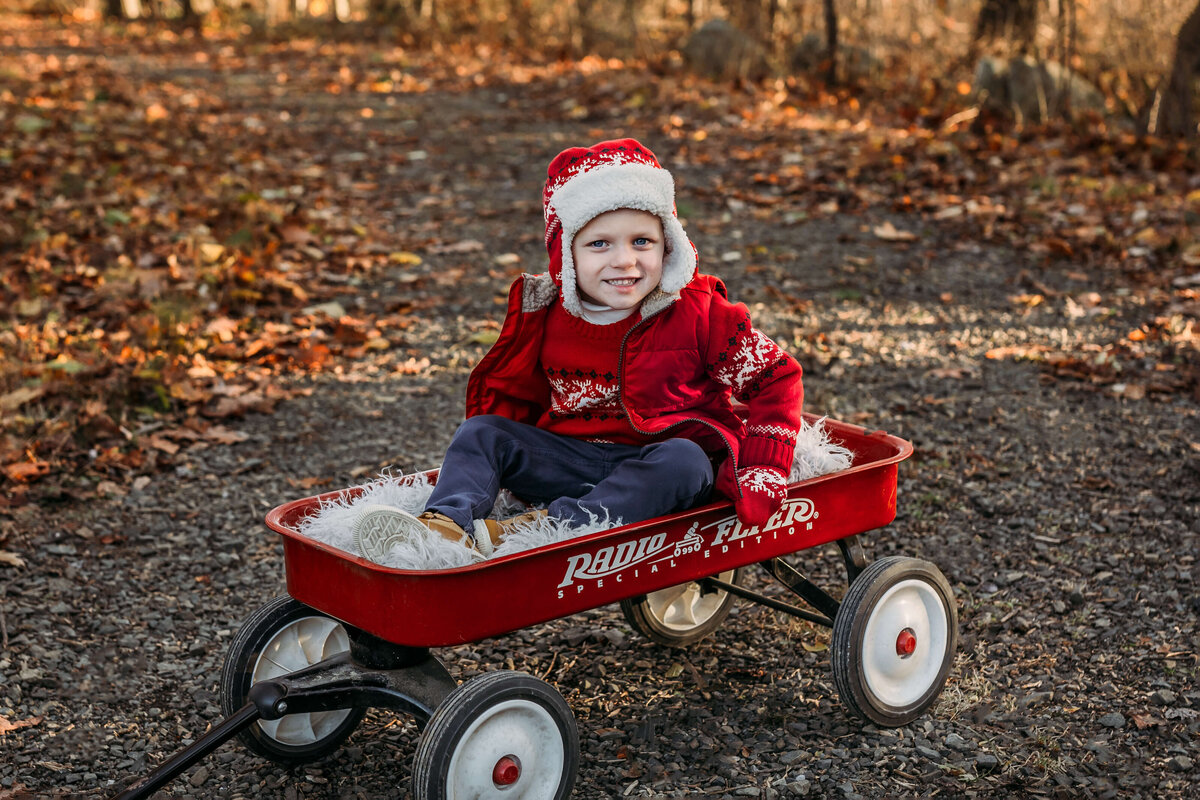 little boy wearing a santa hat sitting in a red wagon during a fall photo session