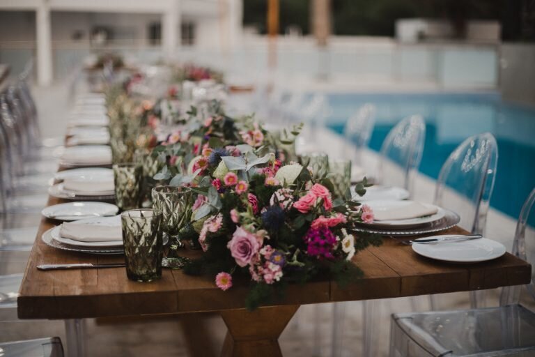 Fresh floral display on long table