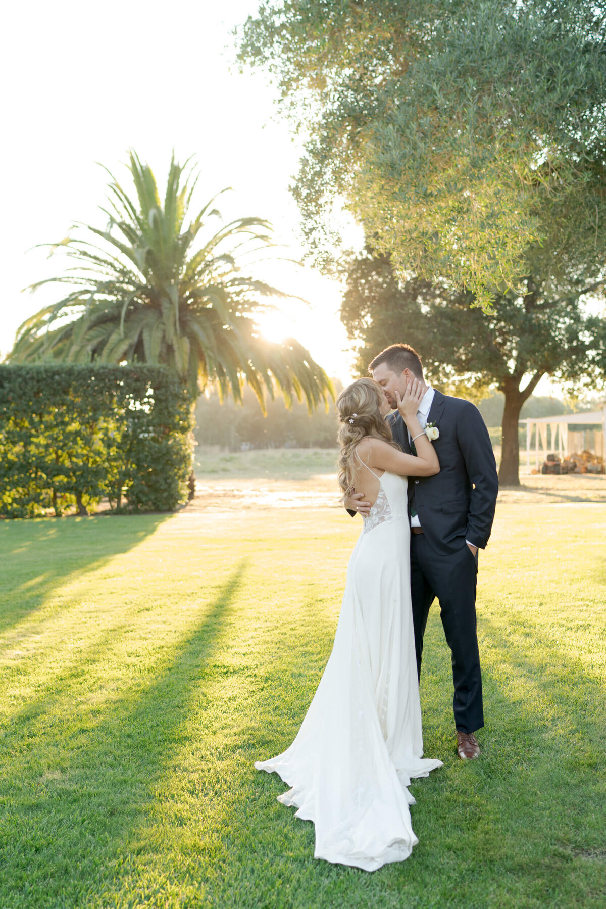 Estate Wedding Photography of a newly-wed couple kissing at the state's garden with shimmering sunset rays in the background.