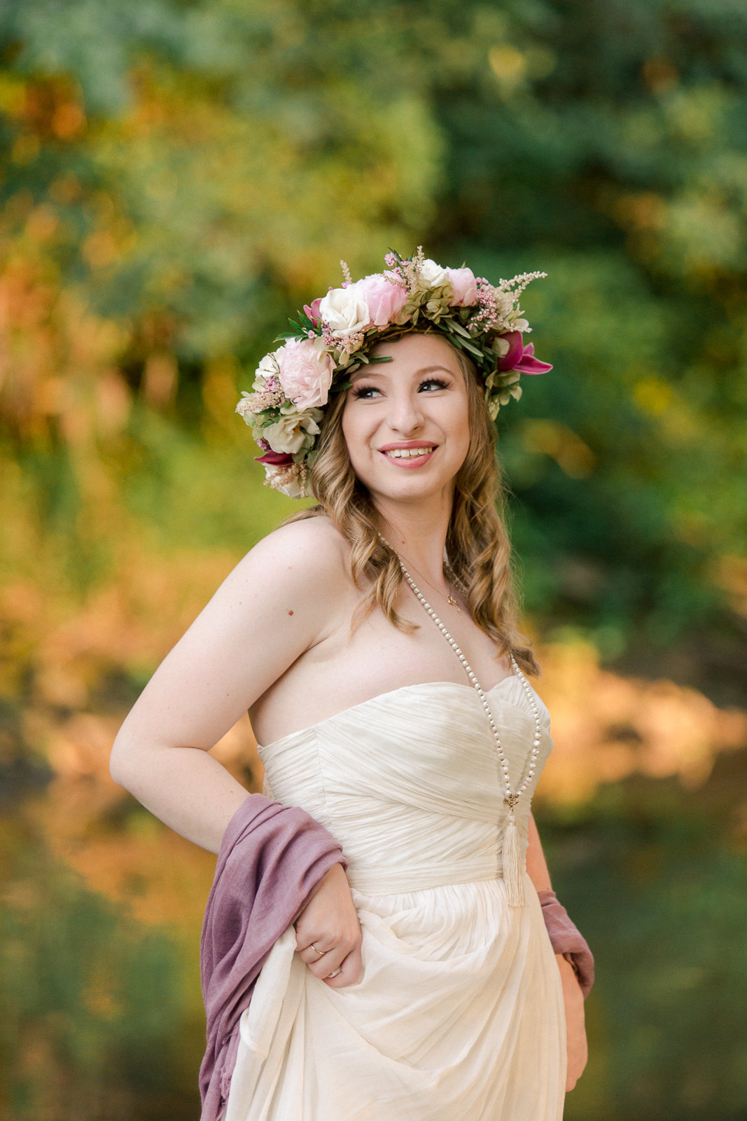 secret river bed in stewartville minneosta with floral halo and beautiful dress for senior photography