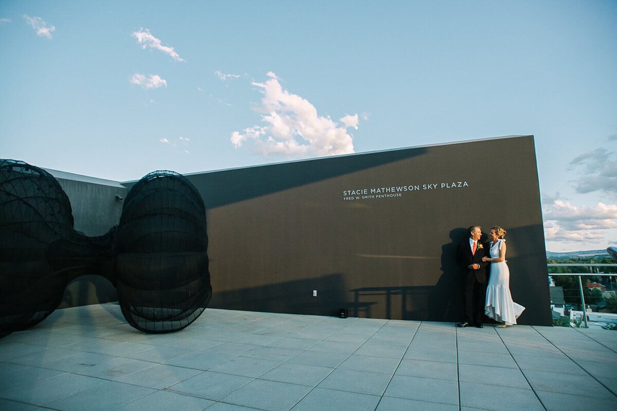 bride and groom at reno museum wedding